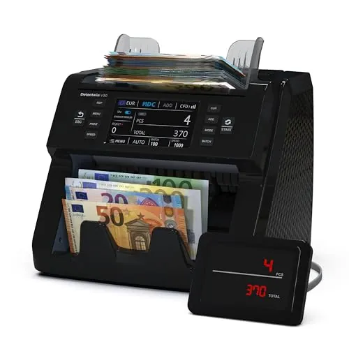 Detectalia V30 Contador de Billetes y Detector de Billetes Falsos con Doble CIS, Pantalla Táctil 4.5” + Pantalla Externa, Lectura Serie, Conteo Mixto Multidivisa, 1200 Billetes/Minuto, USB
