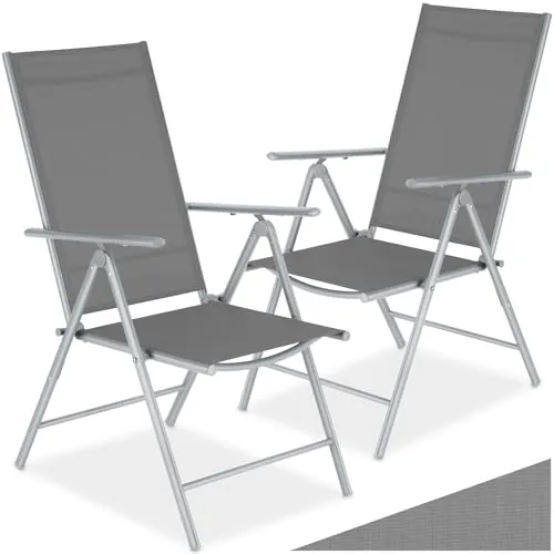tectake® Conjunto de 2 Sillas Jardín Exterior de Aluminio, con Respaldo Regulable, Conjunto Sillas Terraza Resistentes a la Intemperie, Malla Transpirable, Fácil Limpieza - Plata/Gris
