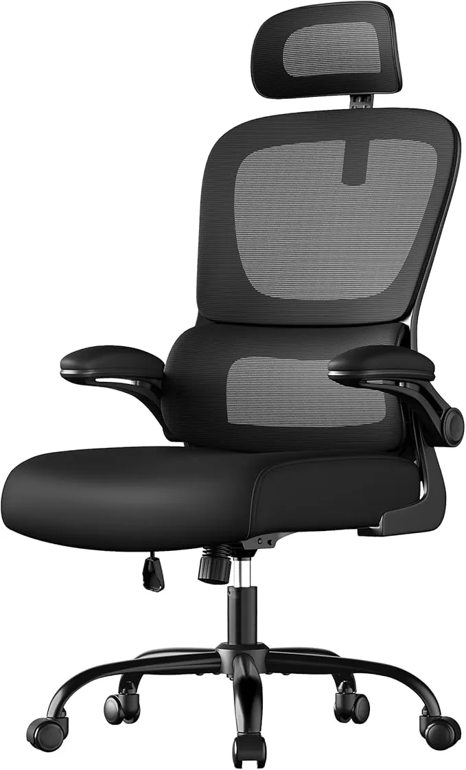 SONGMICS Silla de Oficina, Silla de Escritorio Ergonómica, Tela de Malla de Doble Capa Transpirable, Soporte Lumbar Adaptable, Reposacabezas Ajustables, para Oficina en Casa, Negro Tinta OBN041B01