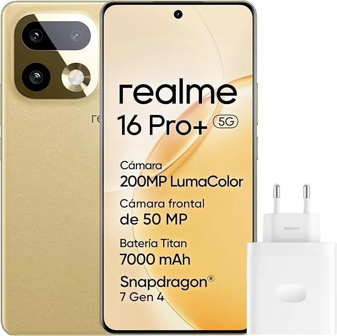 realme 16 Pro+ 5G Smartphone, 8GB+256GB, Pantalla Curva AMOLED 144Hz 6,8", Batería 7000mAh, Cámara 200MP OIS, IP69K, Carga Rápida 80W, Dual SIM, Next AI, Oro (con Adaptador)