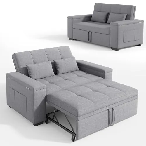 Xbro Sofa Cama 2 Plazas, Sillón Convertible 3 en 1 con Cama, Sofá con Respaldo Ajustable en 3 Posiciones y Espacio de Almacenamiento, 156 x 74 x 86cm, Incluye Dos Cojines,Gris Claro