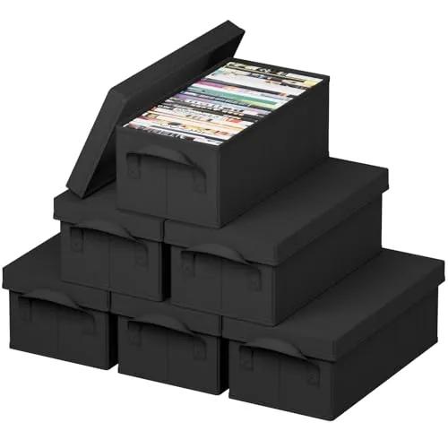 Lifewit 6 Piezas Cajas de Almacenamiento para DVD Apilable, Caja Plegable con Tapa, Contenedor para hasta 150 DVD (25 cada uno), para Casa y Coche, Negro