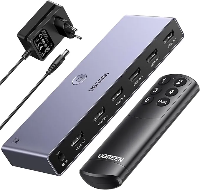 UGREEN 8K 60Hz Switch HDMI 2.1 5 Entradas 1 Salida 4K 240Hz HDCP 2.3 Adaptador de Corriente Conmutador con Mando a Distancia Compatible con PS5/4 Xbox Nintendo Switch DVD Apple TV Fire Stick