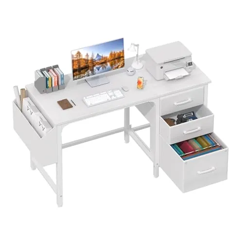 Lufeiya Mesa Escritorio Blanco con 3 Cajones Mesa Escritorio Ordenador Pequeña 120CM para Oficinas Gaming Nña Juveniles