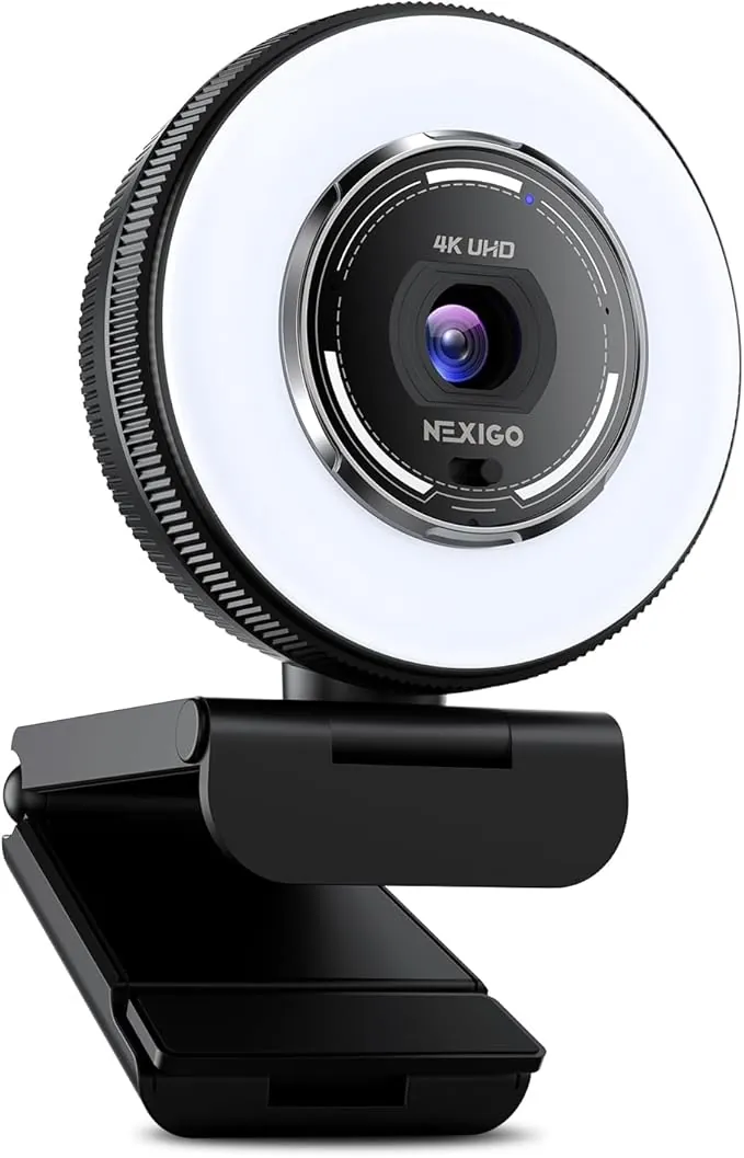 NexiGo N680E Pro, Webcam de Streaming 4K UHD con luz de Anillo, Enfoque automático PDAF, 1080P@60FPS, 2 micrófonos con cancelación de Ruido, Cubierta de privacidad