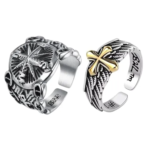 YSJCHEBS 2 Anillos Abiertos Vintage, Anillo de Brújula y Resorte Cruzado, Ajustable, Plata Antigua, Unisex