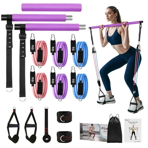 Kit Pilates en Casa, Fokky Barra de Pilates Desmontable con 6 Gomas Elasticas Musculacion 20-180 LBS, Home Gym Kit Pilates Unisexo para Fitness, Yoga, Crossfit, Workout y Estirar