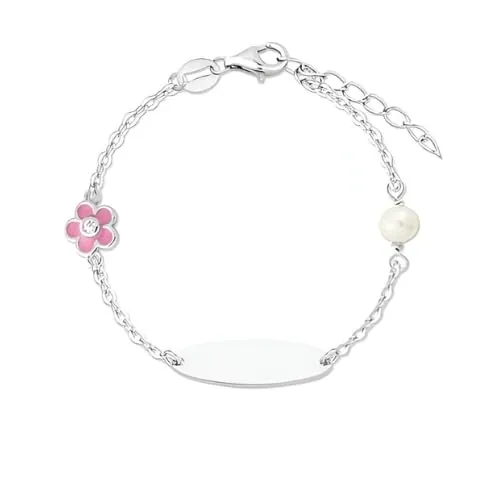 Turmalina - Pulsera personalizable esclava ID dorada de Plata de Ley 925 bebé o niña, pulsera con placa, largo de 11 más 2,5 cm de extensor de la marca de joyería (Plata con flor)