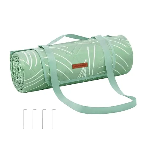 SONGMICS Manta de Picnic, 300 x 200 cm, con 4 Estacas de Suelo, Manta Grande, para Camping, Parque, Jardín, Playa, Impermeable, Lavable a Máquina, Plegable, Motivo de Hojas y Verde Menta GCM310C03