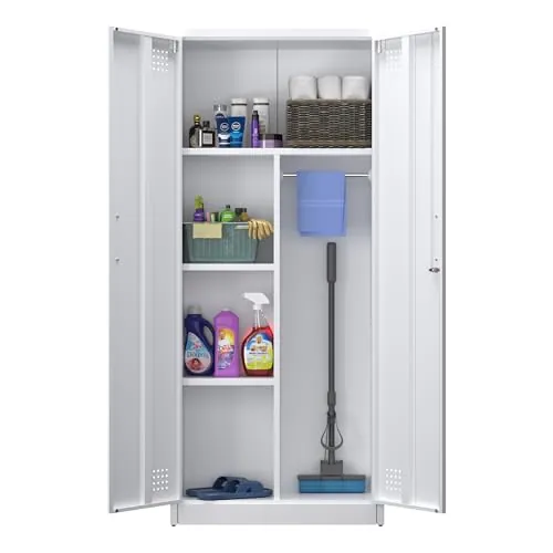 SUPEER Armario escobero, con ventilación y cierre magnético, multifuncional, armario de acero resistente para aspirador, productos de limpieza, ropa y accesorios del hogar, 70 x 30 x 165 cm