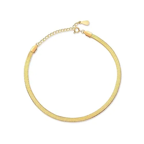 MARLION JEWELS Pulsera tobillera de mujer con forma de cadena plana. Tobillera pulsera de mujer de acero quirúrgico bañada en plata de ley/oro elegante y sofisticada. Joyería mujeres (Baño de oro)