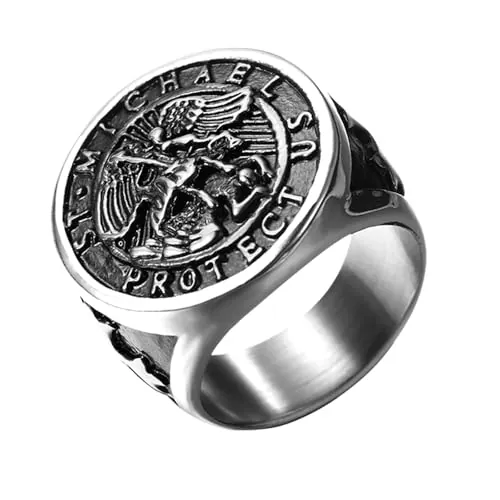 OIDEA Anillo San Miguel Hombre: Juego de Anillos Sello de San Cristóbal de Acero Inoxidable Ángel de la Guarda Joyas Amuleto Religiosas Tallas 27 Plata - Para Rezar Uso Diario Regalo
