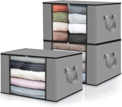 edihome, Cajas Almacenaje Ropa, Bolsas para Guardar Ropa, Organizador Armario, con Asas Reforzadas, Cajas Organizadoras, Fundas de Tela Resistente (Gris claro, Pack de 3)