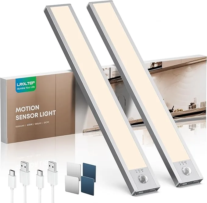 LROLTEF Luz Led Armario Cocina con Sensor de Movimiento Interior 21CM 1500mAh 4000K 32 LED Lampara Luces Mueble Recargable sin Cables Inteligente Lamp Nocturna para Gabinete Escalera Pasillo 2 Piezas