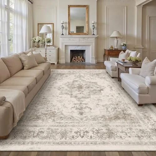 HUGEAR Alfombra Salon Beige Antideslizante Alfombras Lavables en Lavadora Tapetes para Sala 240x300cm Habitacion Dormitorio Comedor Flor Vintage Grande Tapete Pelo Corto tapete Quarto