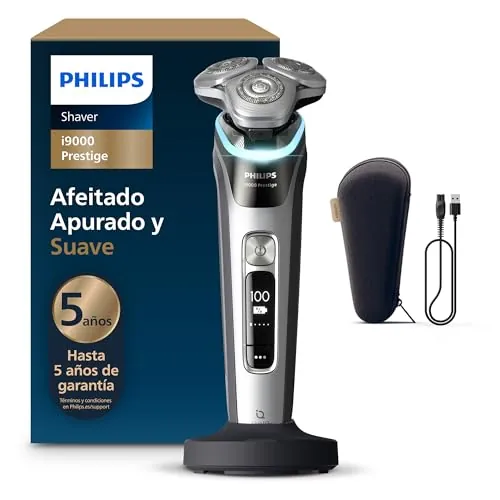 Philips i9000 Prestige, Afeitadora Eléctrica Hombre, Máquina de Afeitar Barba en Seco y Húmedo, Tecnología SkinIQ, Base de Carga, Recargable, Estuche de Viaje, XP9204/10