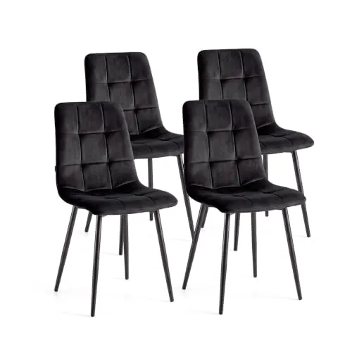 duehome Pack 4 Sillas de Comedor Niba, Terciopelo, Diseño de Cuadros | Asientos de Cocina y Salón, Velvet Negro, Respaldo Alto Acolchado, Patas Metálicas Negras, 56 x 43 x 84 cm
