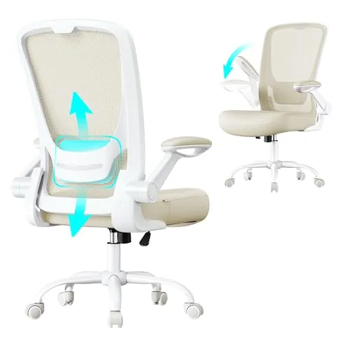 SONGMICS Silla de Oficina, Silla de Escritorio de Malla, Silla Giratoria Ergonómica, Soporte Lumbar, Oscilante, Asiento de 53 cm, Apoyabrazos Abatibles, Beige Avena OBN037K02