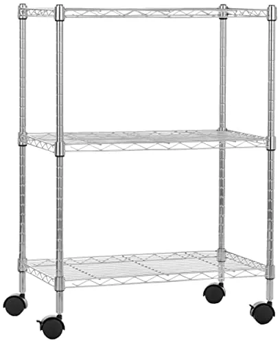 Amazon Basics Unidad de almacenamiento estrecha de 3 baldas con ruedas con estantes ajustables en altura y patas niveladoras, peso máximo de 340 kg, Cromado, 34 x 58.9 x 83.2 cm (D x W x H)