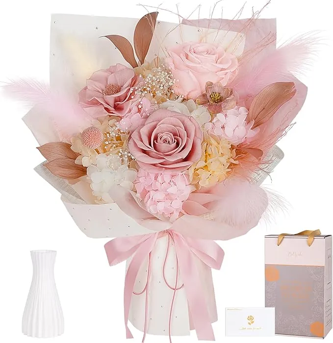 Ramo de Flores Preservadas, Camelia Eterna Rosa Empolvado, Ramo de Rosas Eternas, Regalos para Mujer, San Valentín, Aniversario, Cumpleaños y Día de la Madre, Novia, Esposa, Madre