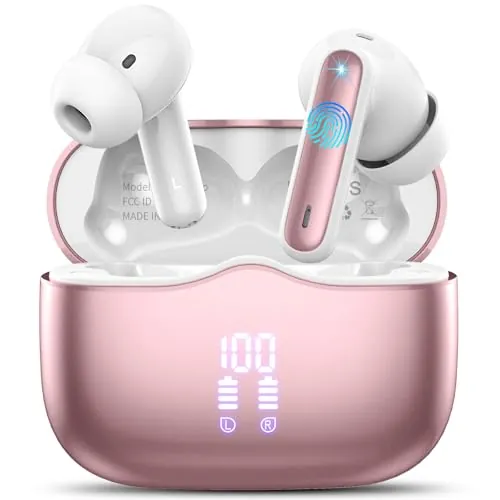 Auriculares Inalambricos Bluetooth, 2026 Auriculares Bluetooth 5.4 con ENC Reducción de Ruido, 40H HiFi Estéreo Cascos Inalambricos Bluetooth con 4 HD Mic, Pantalla LED, IP7 Impermeablem Cascos, Rosa