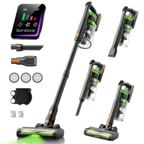 SunSare Aspiradora Sin Cable, 600W/50KPA/65Min (Eco), 1.8L Aspirador Sin Cable con Función de Aromaterapia, Pantalla LED inteligente, Función Antienredos para Pelo de Mascotas, Alfombras, Pisos, Coche