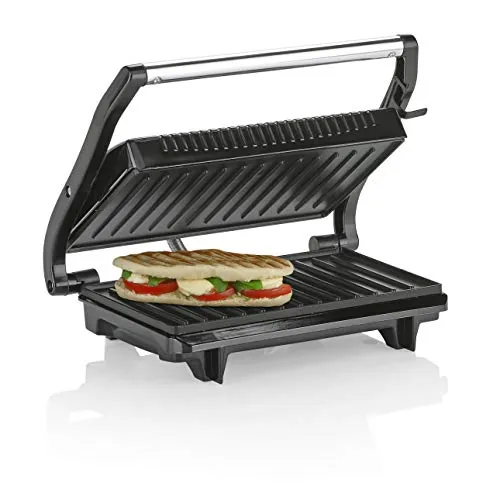 Tristar Parrilla de contacto, 22,5 x 14 cm, 700 W, para camping | Revestimiento antiadherente, Tapa basculante en acero inoxidable, Asa fría al tacto, Recogecable, GR-2846