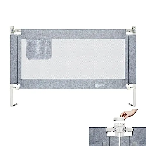 UISEBRT Barrera de Cama portátil 180 cm Barandilla de Seguridad para niños, Levantar verticalmente, Guardia de Seguridad para Niños con Malla aireada, Gris