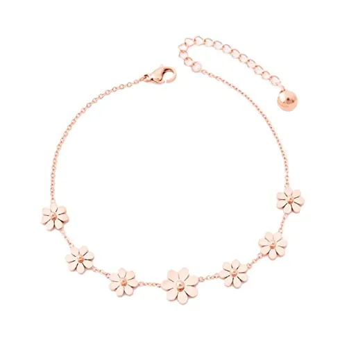 Qings Tobillera con margaritas en oro rosa siete flores Crisantemo Cadena Cruzada Ajustable 25cm Chapado en platino 18K Pulsera Regalo de joyería delicada para mujeres y niñas