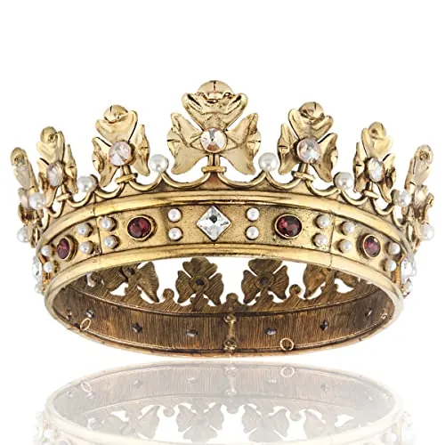 Corona real barroca para hombre, corona de cabello de metal con círculo completo, accesorios para el cabello para fiesta de cumpleaños, concurso de graduación (oro oscuro con piedra de champán)