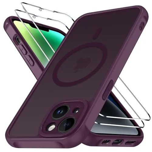 ivoler Funda Magnética para iPhone 14 con 2 Piezas Cristal Templado, Compatible con MagSafe, [Protección Militar] Protectora Antiarañazos Translúcida Mate Silicona Case, Rojo Vino
