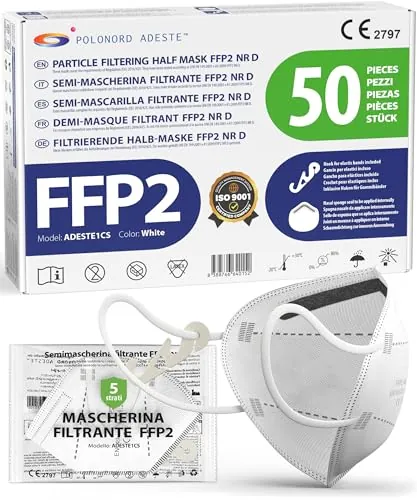 ADESTE – 50 Mascarillas FFP2 NR D Blancas con Certificado CE, cadena controlada, elásticos cómodos, hipoalergénicos y regulables. Seguras: potencia de filtrado BFE >99,5%. Sobres individuales sellados