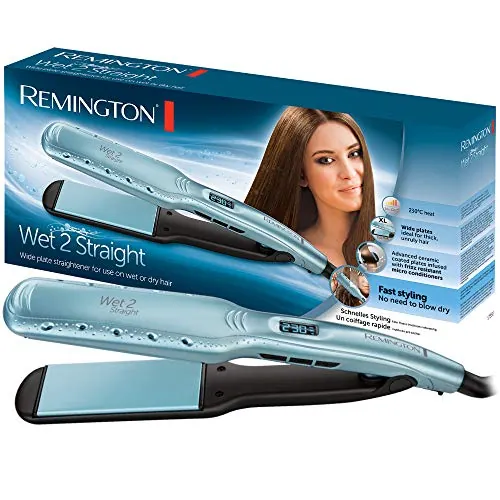 Remington Plancha Pelo 2 en 1: alisa y seca Wet2Straight uso en húmedo y seco, cerámica avanzadas con microacondicionadores, pantalla LCD, 140-230 °C, 10 ajustes de temp, antiencrespamiento S7350