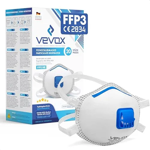 VEVOX® Mascarilla FFP3 – Lote de 20 – Mascarillas antipolvo con válvula para el trabajo, para pintores y para alergia – Protección contra el polvo fino, el moho y el amianto
