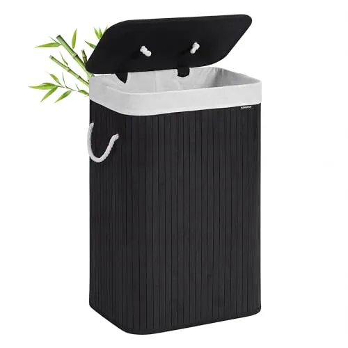 SONGMICS Cesto de la Ropa Sucia con Tapa, 72 L, Cesta de Lavandería de Bambú, Plegable, con Bolsa Lavable Extraíble, Asas, para Lavandería, Dormitorio, Negro LCB10B