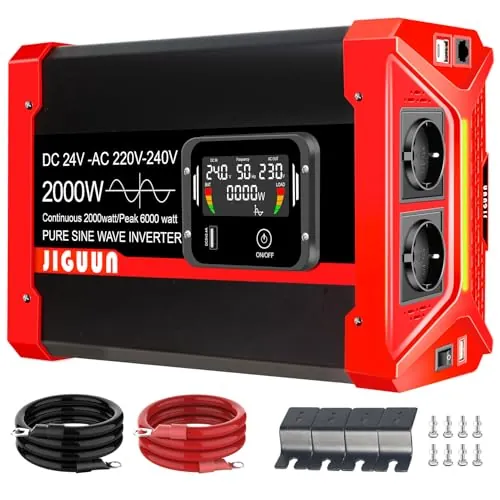 JIGUUN 2000W Inversor 24V 220V Onda Pura Convertidor Inverter