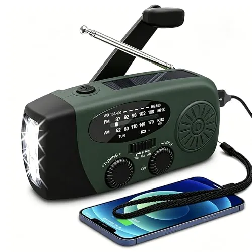 Radio Solar de Emergencia con Manivela Portátil, FM/AM 2000mAh 3 Modos de Luz LED Linterna, Carga Solar USB-C y Manivela, Resistente al Agua Ideal para Camping Viajes Supervivencia y Cortes de Energía