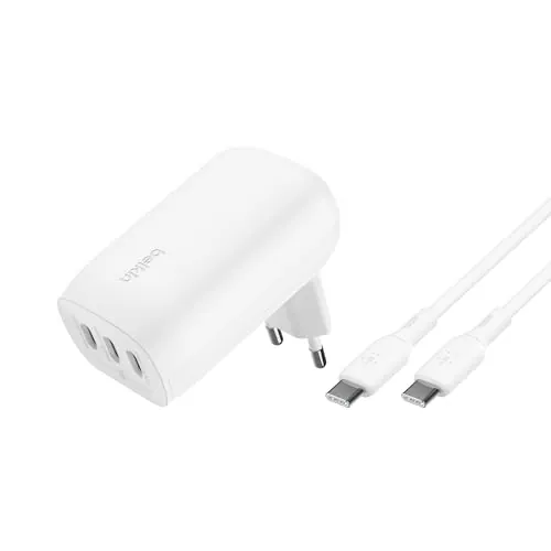 Belkin Cargador de Pared con 3 Puertos USB-C y PPS de 67 W BoostcCharge, Cargador rápido USB-C PD 3.1 para la Serie iPhone 16, 15, MacBook Pro, AirPods, Galaxy y Otros, Cable USB-C a USB-C Incluido