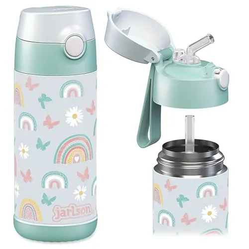 Jarlson® Botella Agua Niños & Niñas CHARLI [ACERO INOXIDABLE] - Garrafa Térmica Infantil Sin BPA - Water Bottle con Pajita - Botellas Inox a Prueba de Fugas (Arcoíris, 350 ml)
