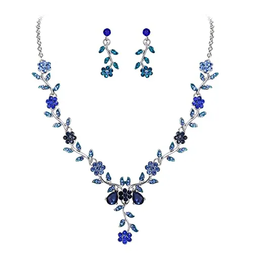 Clearine Juegos de Joyas Conjunto de Joyería de Boda Collar con Colgante de Cristal de Flor de Racimo de Hojas, de Aretes Colgantes,Color Azul Plata-Tono