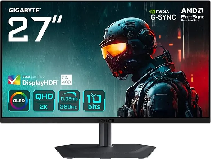 GIGABYTE MO27Q2A Monitor Gaming OLED 2K QHD de 27" – 2560 x 1440, 280Hz, 0,03ms, 250 CD/m², FreeSync Premium Pro, DisplayHDR True Black 400, HDMI 2.1, DisplayPort 1.4