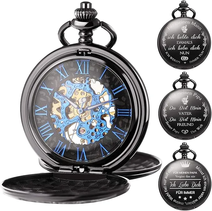 TREEWETO Reloj de bolsillo para hombre, grabado personalizado, con cadena, regalo clásico, mejor hombre, 1. Negro.