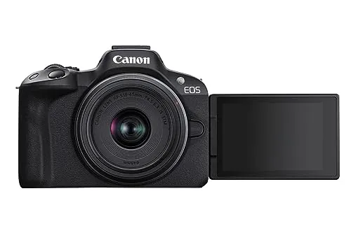 Canon EOS R50 Cuerpo Cámara Mirrorless + Objetivo RF-S 18-45 mm F4.5-6.3 IS STM, Cámara Evil APS-C (24,2 MP) -4 EV, Vídeo 4K 30 fps, Dual Pixel CMOS AF II, Pantalla Táctil de Ángulo Variable, Negro