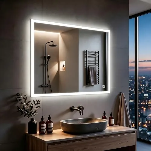 MIQU Espejo de baño LED con iluminación 80x60cm,Espejo de baño Grande con botón táctil - Blanco - 6500 K - Luz - Espejo de Pared para baño, WC, Pasillo