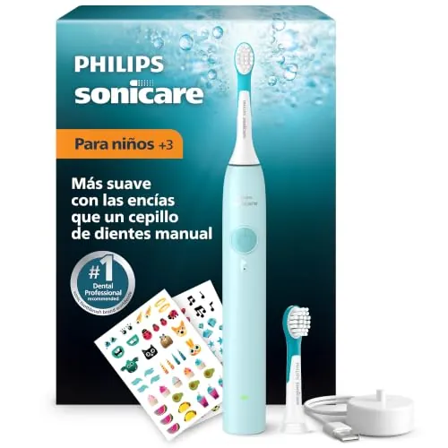 Philips Sonicare for Kids Cepillo eléctrico para niños - Cepillo de dientes sónico para niños a partir de 3 años, 2 modos suaves, temporizador de 2 minutos, 2 cabezales mini, verde azulado, HX6500/23