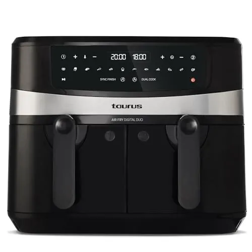 Taurus - Freidora De Aire Sin Aceite Air Fry Digital Duo 9L | 2.600W | Doble cestillo 4,5L | 12 Programas Predefinidos | Temporizador Digital 60 mins | Air Fryer pantalla Táctil | Libre BPA