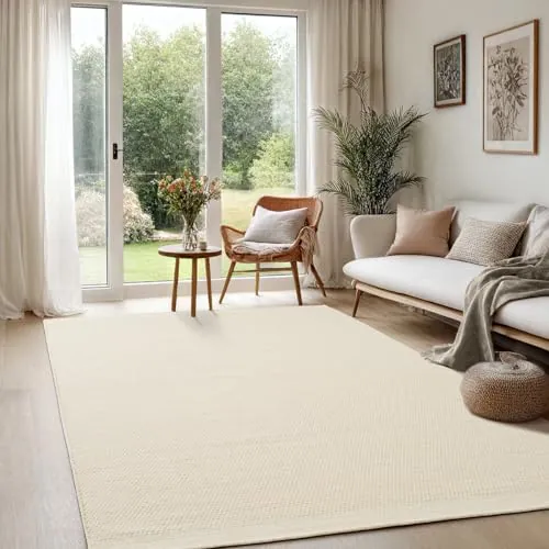 the carpet Deluxe Wool - Alfombra de lana tejida a mano con efecto bohemio escandinavo natural, hecha a mano para un estilo único, color crema, 200 x 290 cm