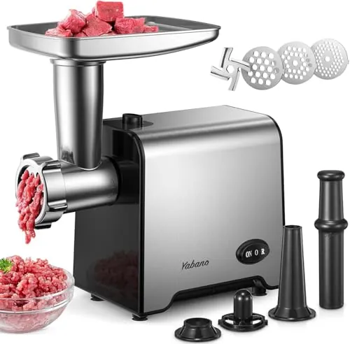 Yabano Picadora de carne eléctrica 3 en 1, de acero inoxidable, con relleno de salchichas, 3 placas de lijado, accesorio Kubbe y tubos de llenado de salchichas para el hogar y la cocina