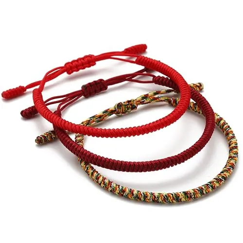LUCKY BUDDHIST 3 Pulseras Budistas Tibetanas Ajustables – Pulseras de Cuerda Trenzada para Hombre y Mujer – Incluye Llavero Buda de Madera