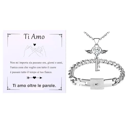 Flongo Pulsera collar de pareja 2 piezas acero inoxidable corazón llave San Valentín regalo, Acero inoxidable